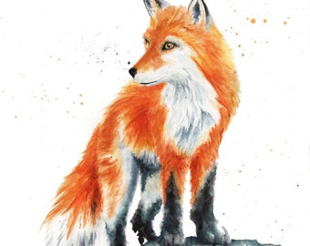ARCHIVAL FOX WATERCOLOR print,  fox art, red fox, fox print, modern print,  abstract animals, print,  prints,  fox painting, orange
