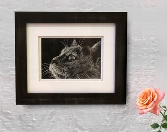 ORIGINAL FRAMED and MATTED, scratch board, cat, cat gift, cat painting, kitten, cats, cat art, realistic art, modern art