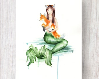 Mermaid and the Fox                        Mermaid, Fox, Nautical, Orange, Green, Abstract Art, Nursery, Watercolor,