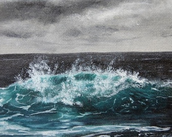 Color of the Sea is an oil painting by Sara J Alvord of an ocean wave in the wide expanse of the seascape
