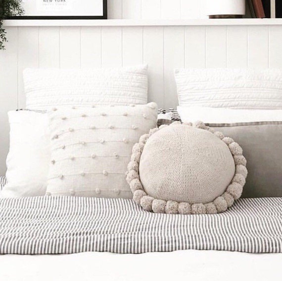 Cream Beige 100 % Cotton Round Pom Pom cream pom pillow | Square throw pillow