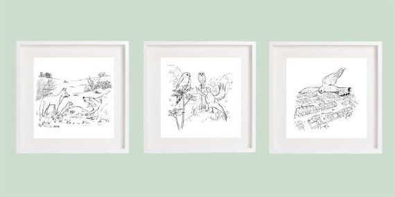 Zestaw 3 Wsi Czarno Białych Linii Rysunkiwildlife Odbitki