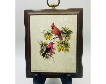 Placa de madera vintage de 1960 de Donald Art Co., 5x6 pulgadas. Cardenales.
