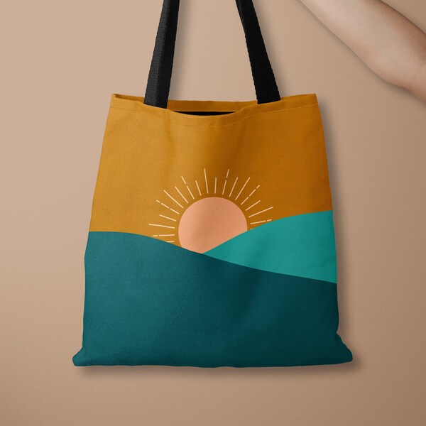 Abstract Desert Tote Bag, Sun Tote Bag, Mountain Tote Bag, Teal Tote Bag, Shopping Bag, Carryall, Large Tote Bag, Boho Tote Bag, Sunrise