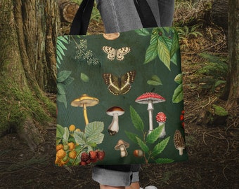 Cottagecore Mushroom Tote Bag: Botanical Butterfly Design