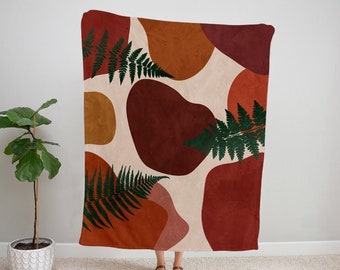 Abstract Rust Fern Velveteen Plush Blanket, Boho Throw