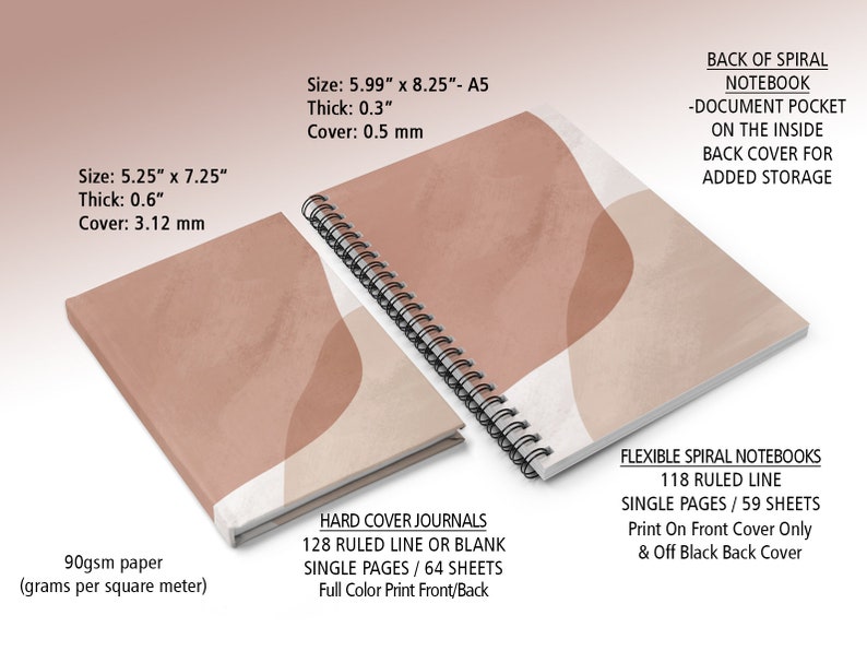 Pu&ograve; includere: Due quaderni a spirale con disegni astratti in tonalit&agrave; di marrone e beige. Il quaderno pi&ugrave; piccolo misura 13,3 cm per 18,4 cm e il quaderno pi&ugrave; grande misura 15,2 cm per 21 cm. Entrambi i quaderni hanno 118 righe rigate e pagine singole.