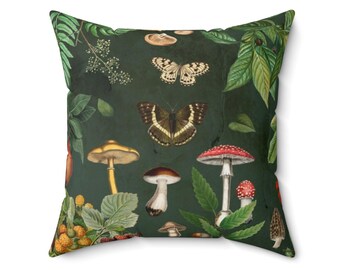 Cottagecore Mushroom Throw Pillow: Vintage Botanical Forest Decor