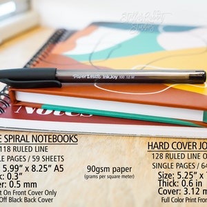 Pu&ograve; includere: Due quaderni a spirale e una penna nera su una superficie di legno. Il quaderno superiore ha un design astratto colorato sulla copertina. Il quaderno inferiore ha una copertina rossa con la parola "Notes" stampata su di essa. Il testo sull'immagine dice "Quaderni a spirale flessibili" e "Diari con copertina rigida".