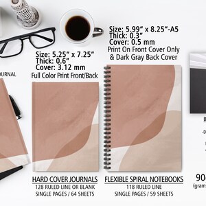 Pu&ograve; includere: Due tipi diversi di diari con disegni astratti in tonalit&agrave; di marrone e bianco. Il diario a sinistra ha una copertina rigida e misura 13,3 cm per 18,4 cm. Il diario a destra ha una rilegatura a spirale flessibile e misura 15,2 cm per 21 cm. Entrambi i diari hanno carta da 90 g/m&sup2;.