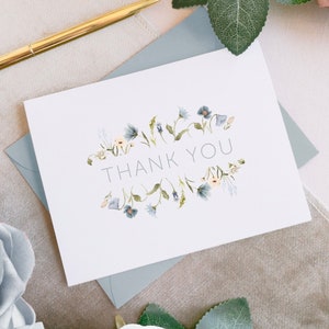 Carte de remerciement florale, Cartes de remerciement, Carte de remerciement de mariage, Douche nuptiale, Fête de fiançailles, Baby Shower, Merci, Bleu poussiéreux