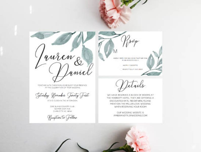 PRINTED Calligraphy Wedding Invitation 7 X 5 Greenery Wedding Invitation RSVP Bundle Minimal Wedding Customize Wedding Invitation