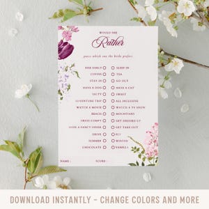 Floral Bridal Shower Game, Would She Rather Game, Fun Bridal Shower Games, Editable Template, Bridal Shower Games, Blush, Lavender, Margo