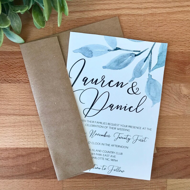 PRINTED Calligraphy Wedding Invitation 7 X 5 Greenery Wedding Invitation RSVP Bundle Minimal Wedding Customize Wedding Invitation