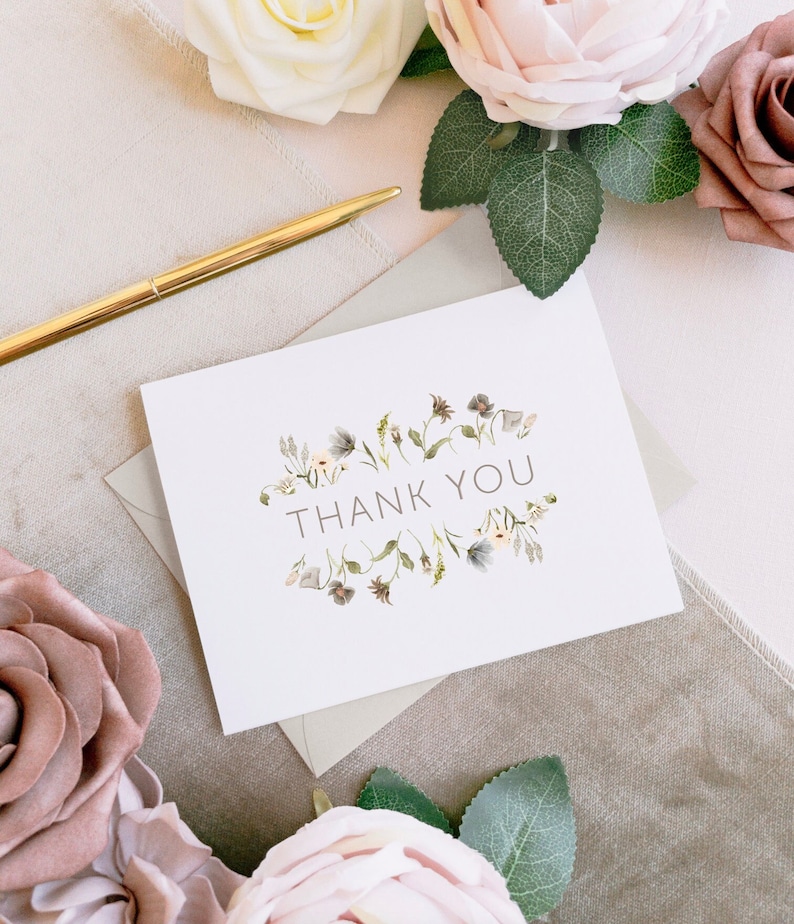 Floral Thank You Card, Thank You Cards, Wedding Thank You card, Bridal Shower, Engagement Party, Baby Shower, Thank You, Neutral 画像 1
