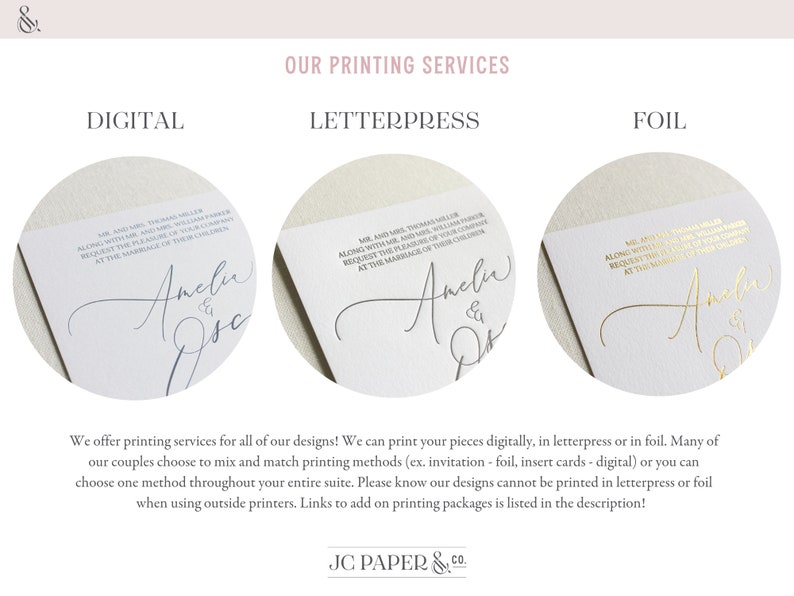 K&ouml;nnte beinhalten: Eine wei&szlig;e Karte mit dem Text "Our Printing Services" in Schwarz. Die Karte zeigt drei verschiedene Druckverfahren: Digitaldruck, Letterpress und Foliendruck. Jede Methode wird mit einer Druckprobe auf einer wei&szlig;en Karte gezeigt. Der Digitaldruck ist in blauer Tinte, der Letterpressdruck in grauer Tinte und der Foliendruck in goldener Tinte. Der Text auf der Karte lautet: "Mr. and Mrs. Thomas Miller zusammen mit Mr. and Mrs. William Parker bitten um die Ehre Ihrer Gesellschaft bei der Hochzeit ihrer Kinder, Amelie & Oscar."
