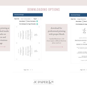 K&ouml;nnte beinhalten: Ein Screenshot einer Website, auf der zwei verschiedene Download-Optionen f&uuml;r eine Hochzeitseinladung angezeigt werden. Die erste Option ist f&uuml;r den Druck zu Hause mit Beschnitt- und Schnittmarken. Die zweite Option ist f&uuml;r den professionellen Druck mit korrekten Beschnitten. Die Einladung zeigt die Namen "Natalia Rose Bennett" und "Marcus Noah Lane" mit einem schlichten Blumendesign.