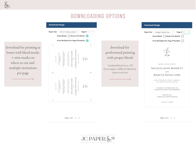 K&ouml;nnte beinhalten: Ein Screenshot einer Website, auf der zwei verschiedene Download-Optionen f&uuml;r eine Hochzeitseinladung angezeigt werden. Die erste Option ist f&uuml;r den Druck zu Hause mit Beschnitt- und Schnittmarken. Die zweite Option ist f&uuml;r den professionellen Druck mit korrekten Beschnitten. Die Einladung zeigt die Namen "Natalia Rose Bennett" und "Marcus Noah Lane" mit einem schlichten Blumendesign.