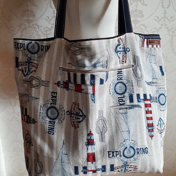 Maxi shopper beach bag market bag XXL reversible maritime/ uni blue