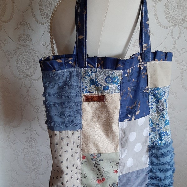 Patchwork Shopper sand blau Tasche Beutel