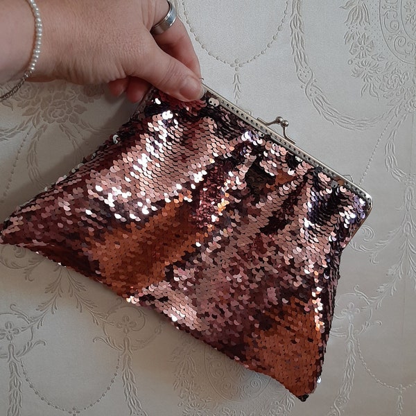 Clutch Clipbörse rosa Silber Wendepailietten Tasche Schminktasche Abendtasche Brauttasche Spitze Glitzer