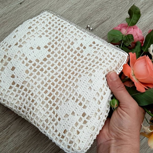 Brauttasche Clutch Clipbörse Creme Weiß Tasche Schminktasche Abendtasche Häkel Spitze