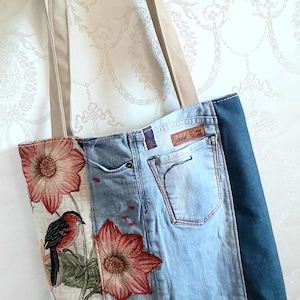 Einzigartige Upcycling Jeanstasche Patchwork – Stilvolle Schultertasche für Damen - großer Jeans Shopper