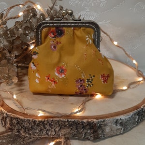 Genähte Clipbörse Portmonnaie Etui Münztasche kleines Täschchen senfgelb Blümchen für Damen/Mädchen