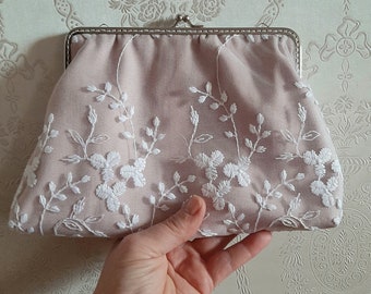 Delicate pink clutch bag, makeup bag, evening bag, bridal bag, lace and glitter - small pink bag, handmade in Germany, unique piece