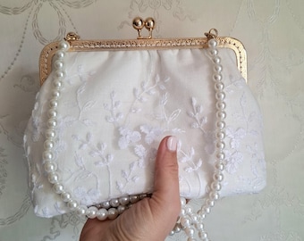 Brauttasche Spitze Glitzer - Clutch Ivory - Brauttasche ivory - kleine weiß Umhängetasche - Tasche zur Hochzeit Gold weiß - Braut Handtasche