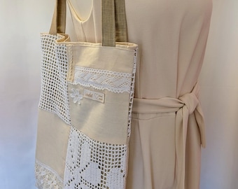 Upcycled fabric bag with vintage lace, boho canvas bag, romantic handmade shopping bag, crochet lace tote bag, gift for her