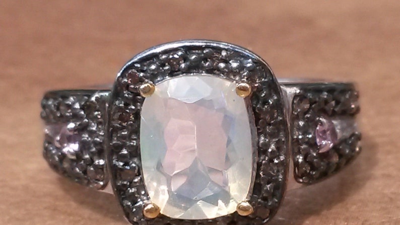 Pink Sapphire and Champagne Diamond ring UK size L Art Deco design Welo Opal
