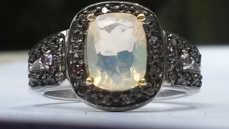 Pink Sapphire and Champagne Diamond ring UK size L Art Deco design Welo Opal