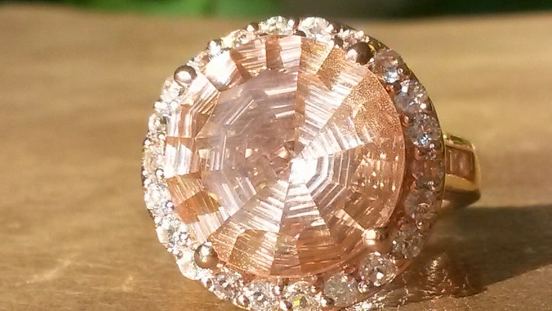 Huge laser cut Morganite quartz and white topaz ring UK N