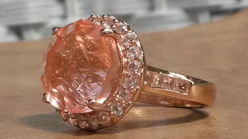 Huge laser cut Morganite quartz and white topaz ring UK N
