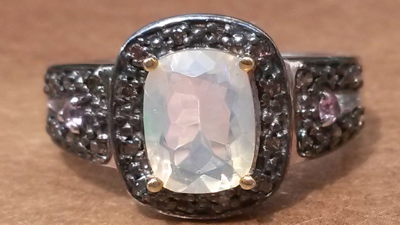 Pink Sapphire and Champagne Diamond ring UK size L Art Deco design Welo Opal