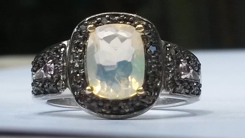 Pink Sapphire and Champagne Diamond ring UK size L Art Deco design Welo Opal