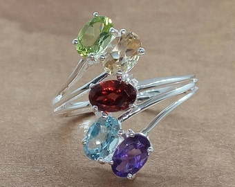 Natural Multi Gem Cocktail Ring 925 Size P