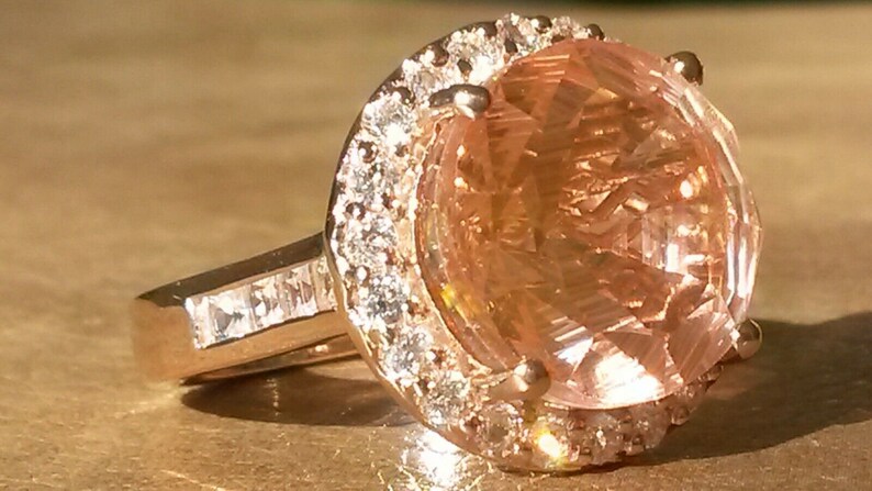 Huge laser cut Morganite quartz and white topaz ring UK N