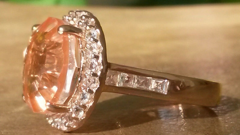 Huge laser cut Morganite quartz and white topaz ring UK N