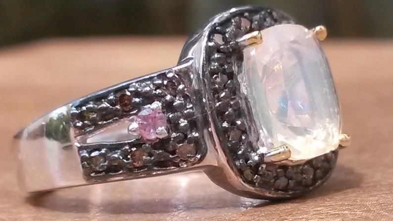 Pink Sapphire and Champagne Diamond ring UK size L Art Deco design Welo Opal