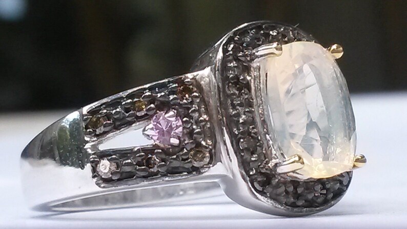 Pink Sapphire and Champagne Diamond ring UK size L Art Deco design Welo Opal