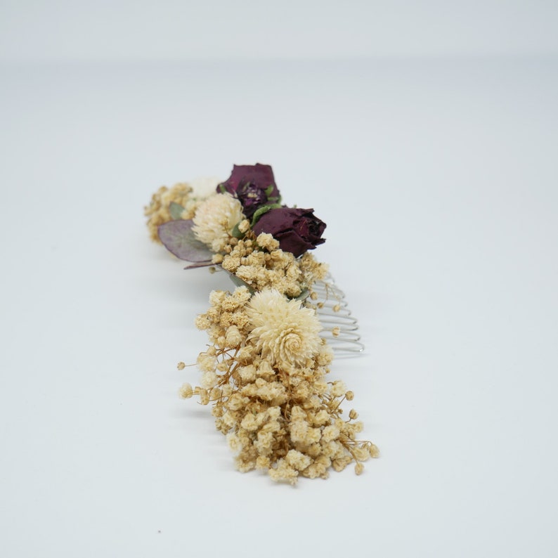 Haircomb weddingcomb boho wedding hairaccessoireswith dried and treated flowers beige and darkred roses