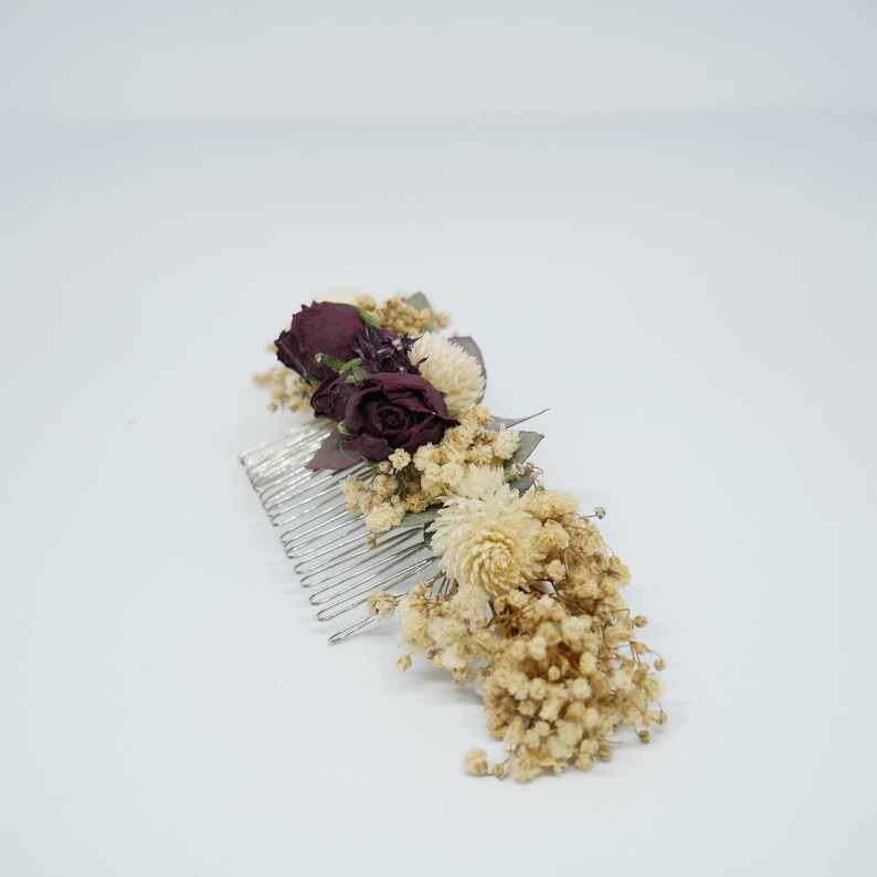 Haircomb weddingcomb boho wedding hairaccessoireswith dried and treated flowers  beige and darkred roses
