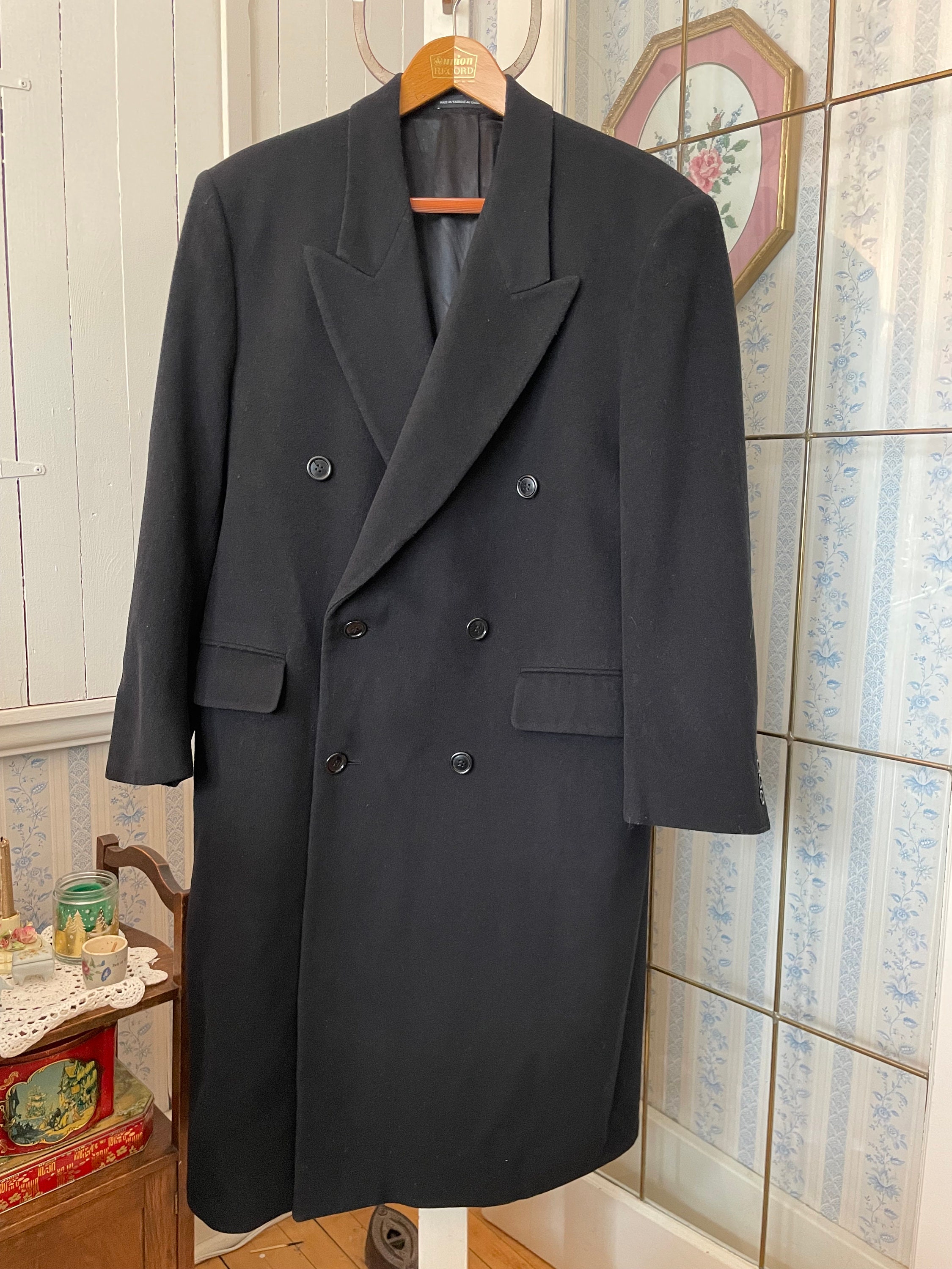 Vintage Navy Blue Coat, Long Wool Overcoat (B856), Moore's Dark