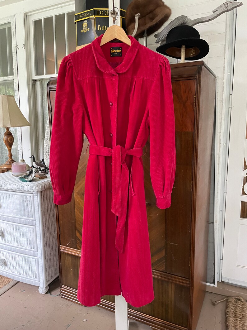Vintage pink coat, shops long bright pink coat (B562), pink corduroy long belted coat