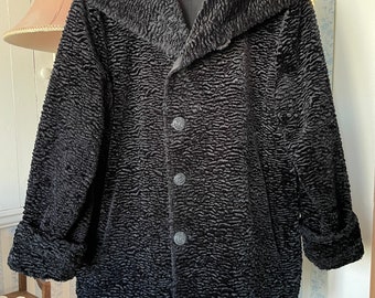 Vintage black jacket, short black coat (B891), black reversible faux Persian lamb jacket, short coat, reversible jacket
