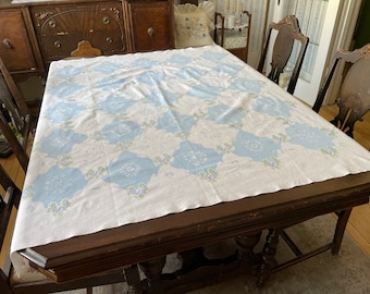 Vintage white cotton tablecloth (B336), light blue, dark blue and green floral and bird print