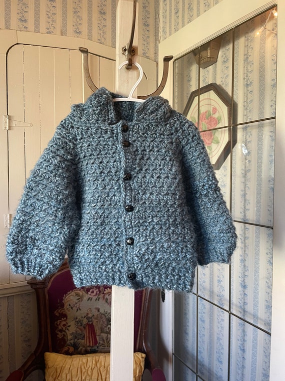Vintage kids' blue sweater, handmade blue wool hoo