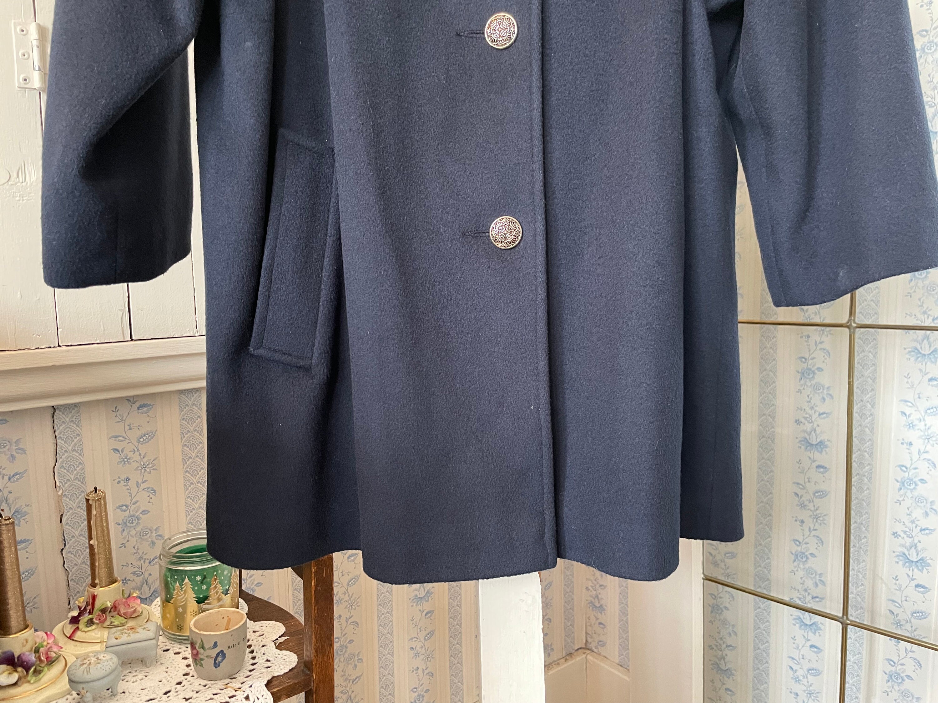 Vintage Navy Blue Coat, Wool Short Coat (B860), Navy Blue